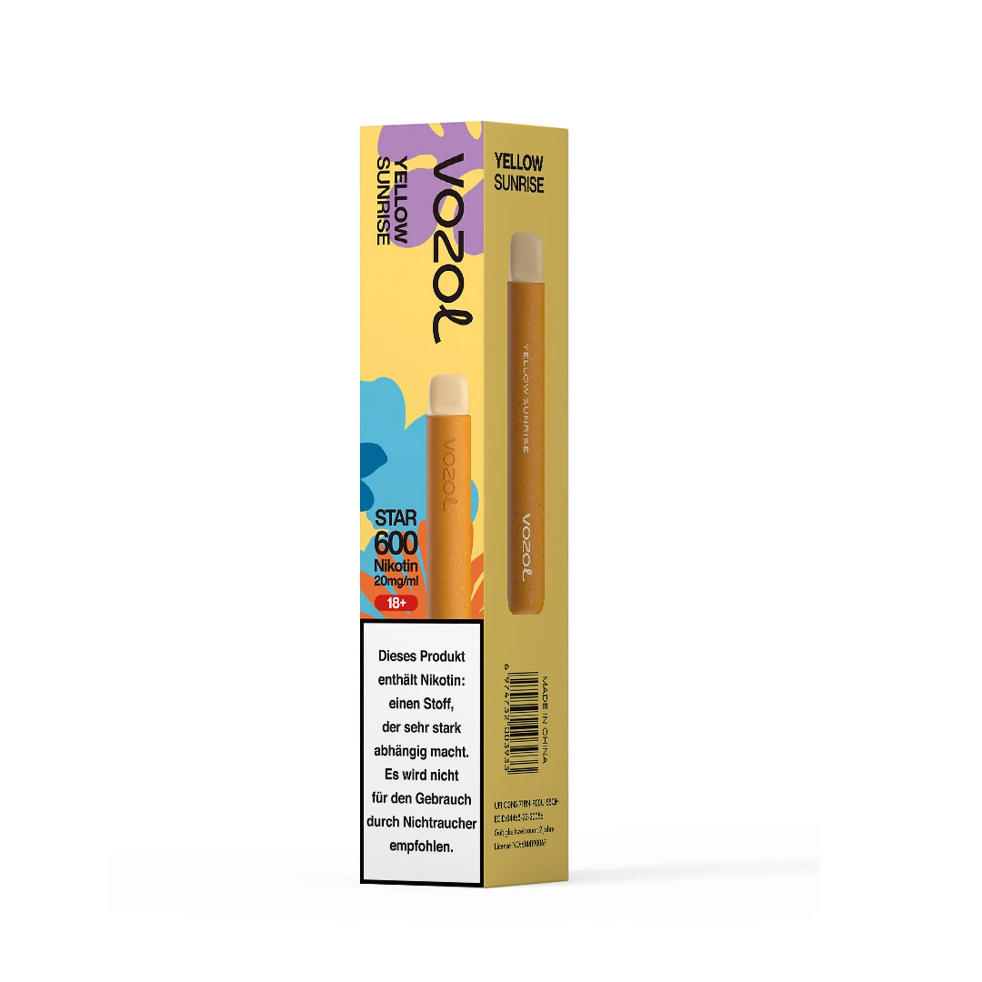 Einzelverpackung der VOZOL STAR600 Yellow Sunrise Einweg E-Zigarette. Enthält 1 Einweg E-Zigarette mit Mango-Geschmack, 2 ml Füllmenge und etwa 600 Zügen. Nikotinstärke 20 mg/ml.